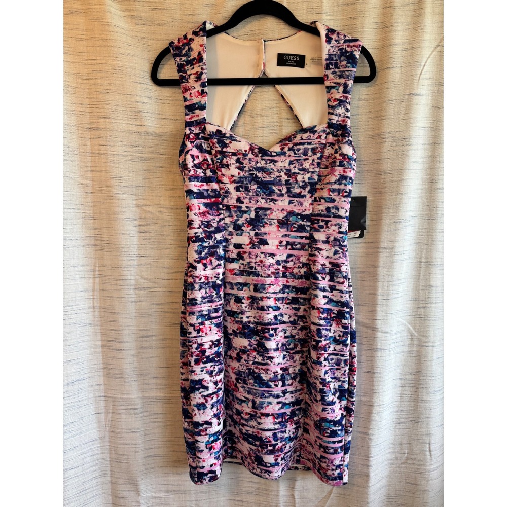 Guess Multi Color Abstract Floral Striped Bodycon Cutout Back Dress Size 6 NWT